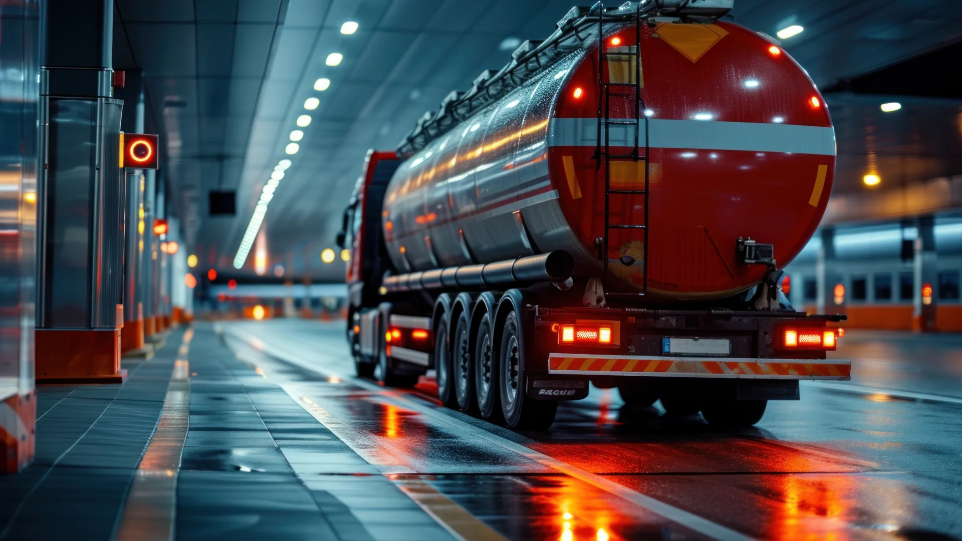 Illustrative photograph of a tanker with reflective safety markings at a loading terminal.